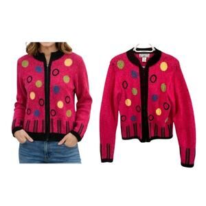 Pink Sz Small Polka Dot Cardigan Retro Mod Art Teacher Cozy Chic Sweater